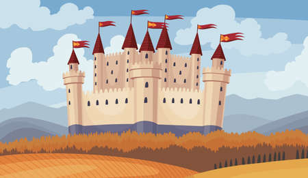 Medieval castle on a blue sky background. Cartoon middle ages historic period. Medieval architecture of stone castleのイラスト素材