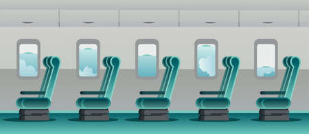 Plane interior with free seats. Empty chair row. Travel by airplane. Travel during coronavirus COVID-19 disease outbreakのイラスト素材