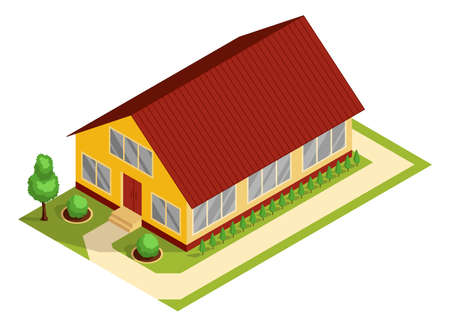 Isometric rural farm. Farmer house or mansion with a red roof and a path around. Vector icon representing countryside elementのイラスト素材