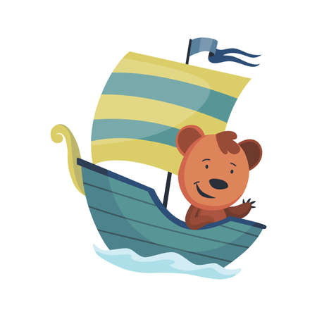Cute bear animal sailing on boat. Vector funny cartoon sailor on sailboat with water waves isolated on white background. Baby characterのイラスト素材