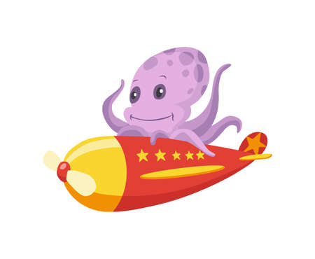 Cute baby animal octopus on airplane. Funny pilot flying on plane. Cartoon vector character fly on retro transportのイラスト素材