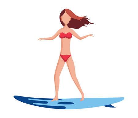 Woman float. Fun female character. Young lady swimming on surfboard. Summertime flat cartoon illustrationのイラスト素材