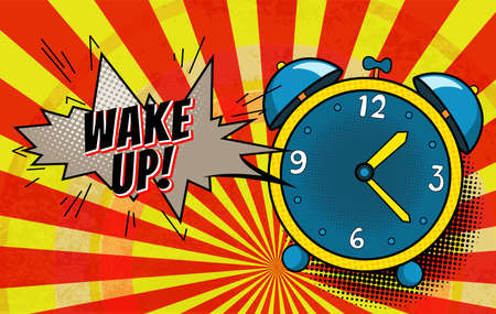 Comic alarm clock. Pop art colorful and dynamic cartoonish icon in retro style. Vector bright...