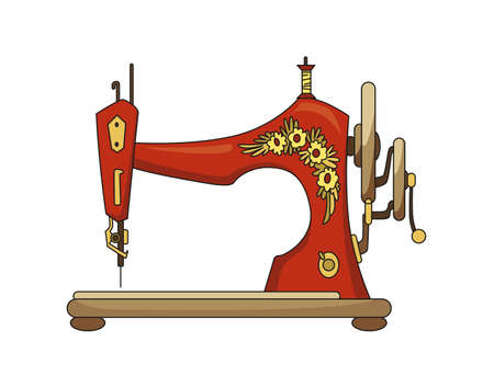 Sewing machine. Retro design form of tool for sewing. Colorful equipment of dressmaker. Vector illustration in flat styleのイラスト素材