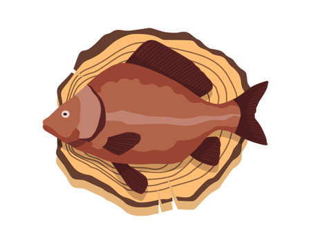 Fish on wooden board. Kitchen cutting board with healthy meal meat. Foodstuff in cartoon style. Concept organic wild river or ocean foodのイラスト素材
