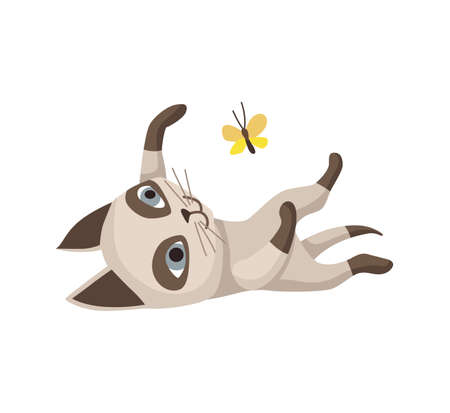 Cartoon cat character. Siamese colorpoint pet. Adorable domestic cat playing. Funny happy and playful animal. Cute two color kittenのイラスト素材