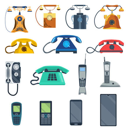 Evolution of phone. Communication devices from classic phone to modern smart phone. Old antique analog technology, radiophone and cellphone. Gadgets of different generationsのイラスト素材