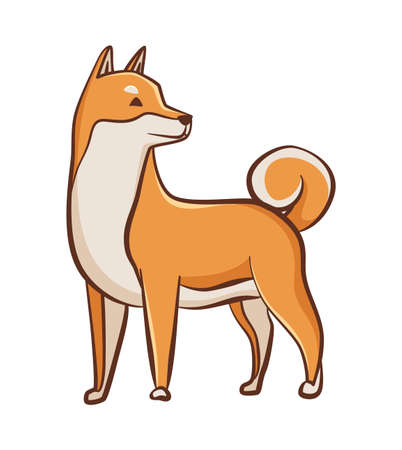 Shiba inu dog character. Playful pet standing. Hand drawn vector sticker. Cute and funny dog. Adorable friendのイラスト素材