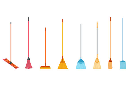 Broom mop icons. Hygiene handling equipments objects illustration, household mop and housework broom tools isolated on white backgroundのイラスト素材