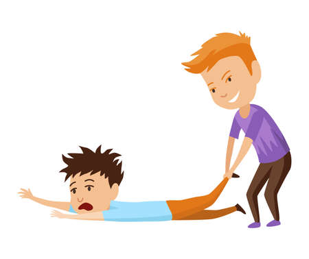 Kids bullying. Childish bullies or verbal and physical conflict between children. Bad child behavior, scared and strong angry children conflict, cartoon characters confrontationのイラスト素材