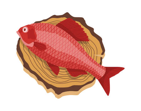 Fish on wooden board. Kitchen cutting board with healthy meal meat. Foodstuff in cartoon style. Concept organic wild river or ocean foodのイラスト素材