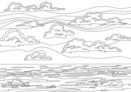 Seaside or tropical landscape coloring. Beautiful sea shore beach. Cartoon summer beach with sky. Paradise relax on vacationのイラスト素材
