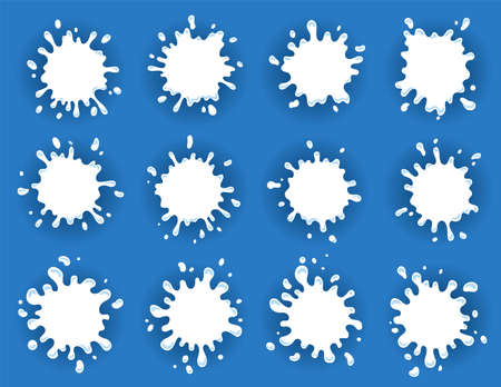 Milk labels set with drops and splashes. Milk badge of creative package. Liquid amoeba shapes. Vector design milk symbol. Background with place for textのイラスト素材