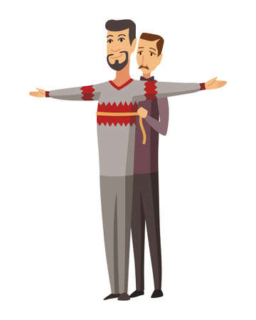 Dressmaker. Male tailoring, measuring and sewing for his customers. Clothing designer work, dressmaking process vector illustration. Custom clothing and accessoriesのイラスト素材