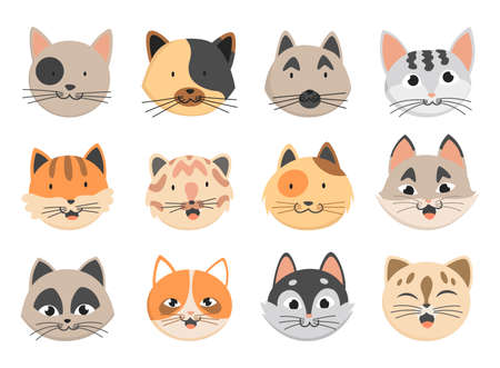 Cats heads emoticons, icons, avatars collection. Various funny decorative drawn cat faces characters. Vector illustration of domestic pet setのイラスト素材