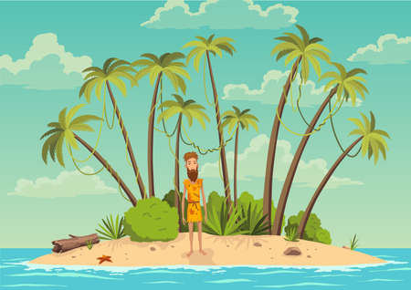 Robinson crusoe island. Man on desert island in ocean and palm coconut trees. Tropical paradise landscape, sandy beach flat cartoon vector illustration. Shipwrecked manのイラスト素材