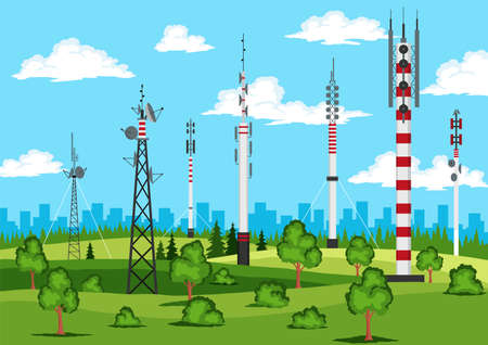 Communication towers on nature landscape. Wireless antennas cellular wifi radio station broadcasting internet channel receiver with on blue skyのイラスト素材