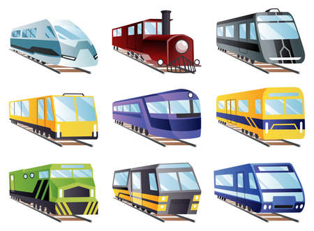 Train engine flat cartoon collection. Railroad passenger trains and carriages. Train transport railway, carriage travel, wagon transportation passengerのイラスト素材