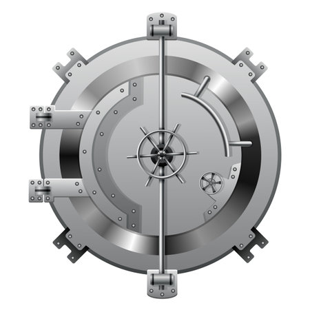 Bank vault door. Metal steel round gate close, isolated mechanism with welds and rivets. Huge metal round safe door. Gate mechanismのイラスト素材