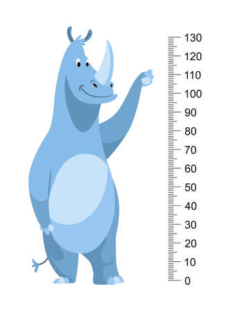Height measure with growth ruler chart with cute cartoon rhinoceros animal. Funny kids meter, wall scale from 0 to 130 centimeter to measure growth. Children room wall sticker as interior decorのイラスト素材