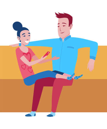 Couple dreams home. Young man and woaman using smartphone while sitting on sofa. People comunication. Making plans for their future homeのイラスト素材