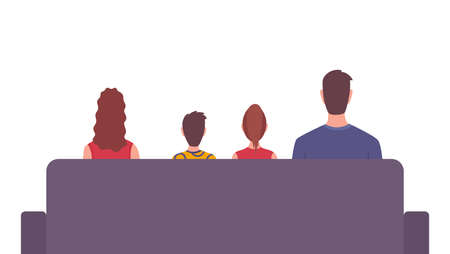 Family watching in living room. Back view of couple and child sitting on couch. Vector illustration for television, broadcasting, entertainment concepts. Spending time on quarantineのイラスト素材