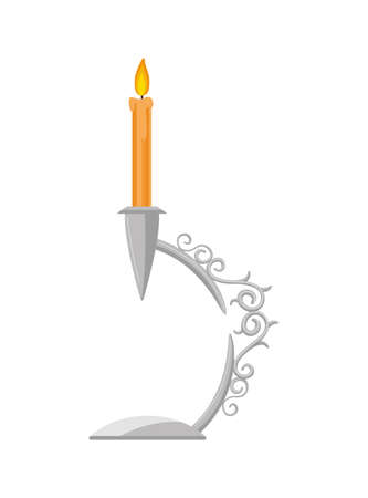 Candlestick. Vintage candelabrum with burning wax candle flame. Elegant old-fashioned holder or metallic lamp icon illustration for interior design. Antique candleのイラスト素材