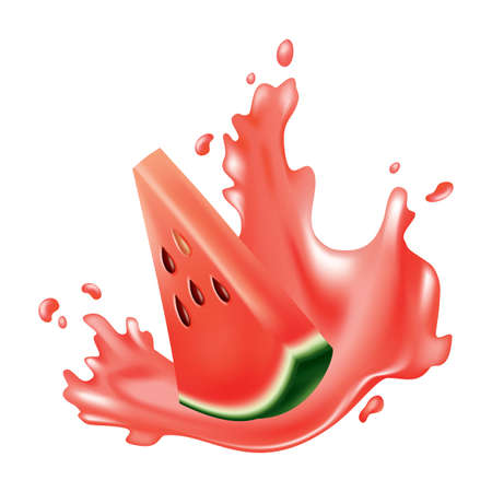 Watermelon natural sweet food. Icon of ripe red fruit cut on slice in 3d realistic cartoon style. Fresh and juicy colorful berry isolated on white backgroundのイラスト素材