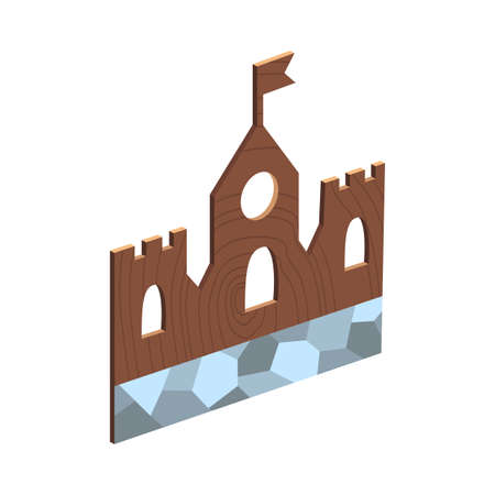 Wooden kid toy. Ecological figure of device for children. Ancient castle. Retro cartoon design playing tool for baby. No plasticのイラスト素材