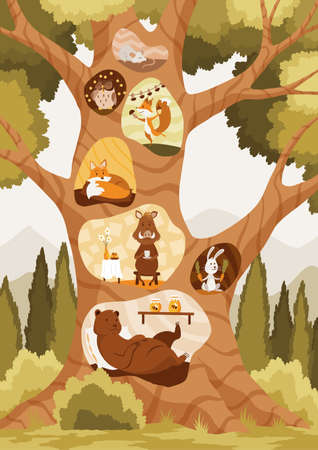 Animals inside tree hollow and holes arranging their cozy homes. Wild forest animals flat cartoon collection with bear fox owl hog squirrel rabbit mouse cartoon characters. Vector Illustrationのイラスト素材