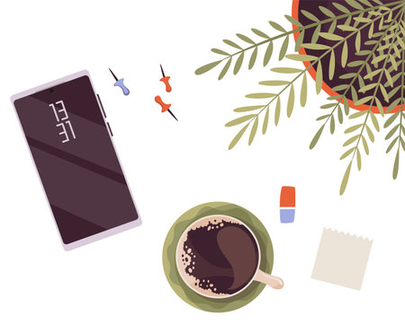 Top view workplace organization mockup. Work desk with office stuff for design. Top view on notebook, smartphone, coffee cup, pins, eraser and flowerpot. Template of home office suppliesのイラスト素材