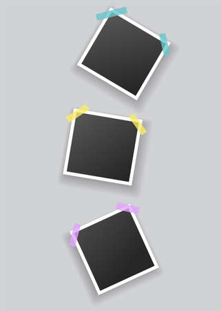 Blank photo frames hanging on adhesive tape. Vintage mockups template for memory album or scrapbook. Retro pictures with white boarders and shadowsのイラスト素材