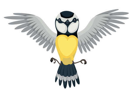 Tit bird in flying position. Titmouse in cartoon flat style beautiful character. Vector illustration isolated on white backgroundのイラスト素材