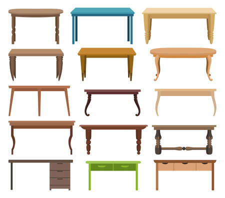 Empty wooden tables or desktops. Clean small element of home interior scenics. Template for object presentation. Tables isolated on white backgroundのイラスト素材