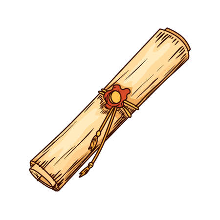 Old sealed parchment. Education and wisdom concept. Vector icon for education and literature theme design. Vintage parchment illustrationのイラスト素材