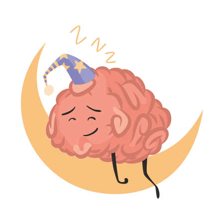 Brain character emotion. Intelligence emoji sleeps on moon illustration. Cute hero brain emoji isolated on white background. Funny cartoon emoticonのイラスト素材