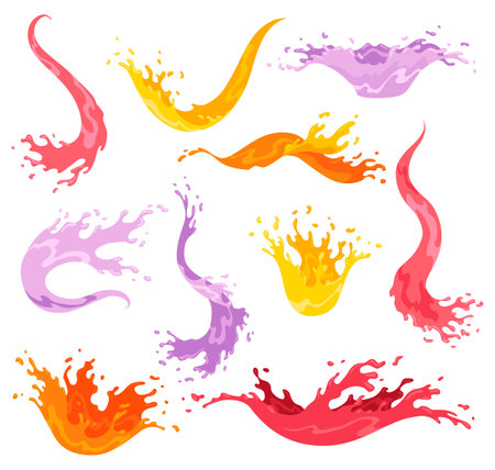 Squirts splashes. Colourful flowing spattering. Splattered pure juice or liquid. Drops various forms of waves. Cartoon illustration with color water splashesのイラスト素材