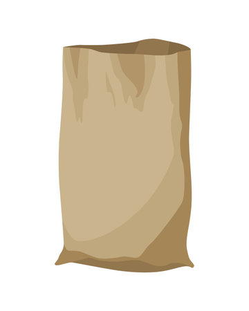 Burlap farmer bag for flour, rice or salt. Farm production in brown textile bale, opened with product inside. Cartoon vector icon isolated on white backgroundのイラスト素材
