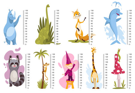 Height measure with growth rulers chart and cute cartoon animals. Funny kids meter, wall scale from 0 to 130 centimeter to measure growth. Children room wall stickers as interior decorのイラスト素材