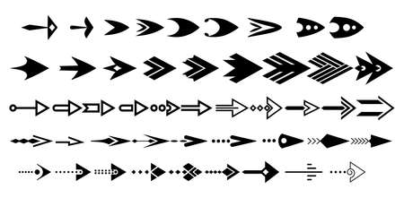 Arrows collection in black color on white background for web design, mobile apps, interface. Modern graphic direction signs, cursor icons. Vector arrow different shapes in modern simple flat styleのイラスト素材