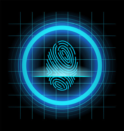 Fingerprint identification. Futuristic technology. Scan fingerprint, security or identification system concept, vector illustration. Biometric data design. Security system of thumb linesのイラスト素材