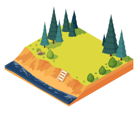 Place for isometric house on river in pine wood. Area and element of landscape treesのイラスト素材