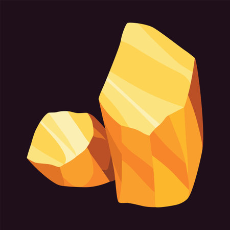 Gold mine nuggets. Precious ore mining object. Golden game UI stone kit, cartoon treasure amber rock isolated on black. Vector icon of polygon boulder, yellow metalのイラスト素材