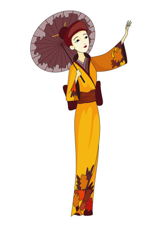 Japanese girl standing in kimono. Women in traditional style costume. Full length portrait of typical Japanese geishのイラスト素材