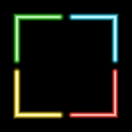Neon glowing frame, e-square. Illuminated geometric shape. Sign, template design element. Bright multicolored rectangular with blank emptyspace insideのイラスト素材