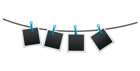 Photo frames hanging on rope attached with clothes pins or clothespin. Blank instant photo card icons isolated on white backgroundのイラスト素材