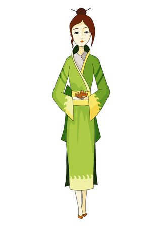 Japanese girl standing in kimono. Women in traditional style costume. Full length portrait of typical Japanese geishのイラスト素材