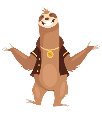 Sloth character rich and happy. Cute cartoon sloth-bear character. Funny lazy animal, hand drawn clip art illustration. Jungle rainforest sloth. Tropical mammal or adorable slothのイラスト素材