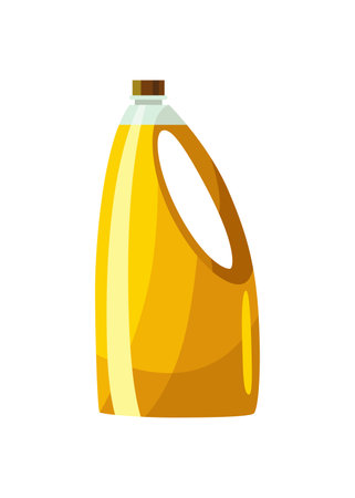 Vegetable oil bottle. Can with vitamin oil for cooking. Virgin organic healthy liquid product from seed. Isolated cartoon icon with sunflower productのイラスト素材