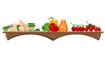 Shelf with vegetables. Assorted fresh vegetables. Farmers marker, grocery store, zero waste shop. Local market food, fresh and organic farm products. Delicious and healthy food on wooden shelfのイラスト素材